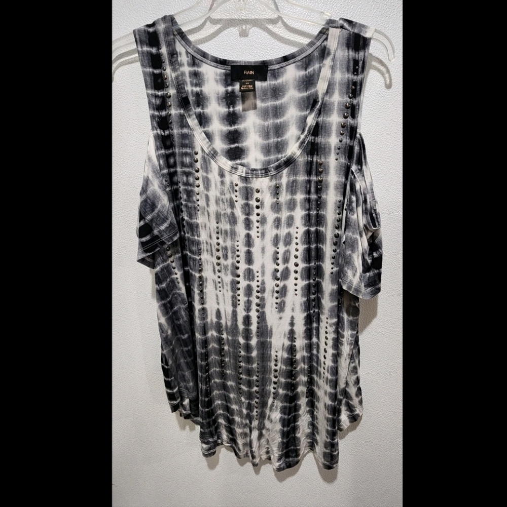 Rain Cold Shoulder Top Size 2X Tie Die Beaded Black Stretch Boho Festival Metal
